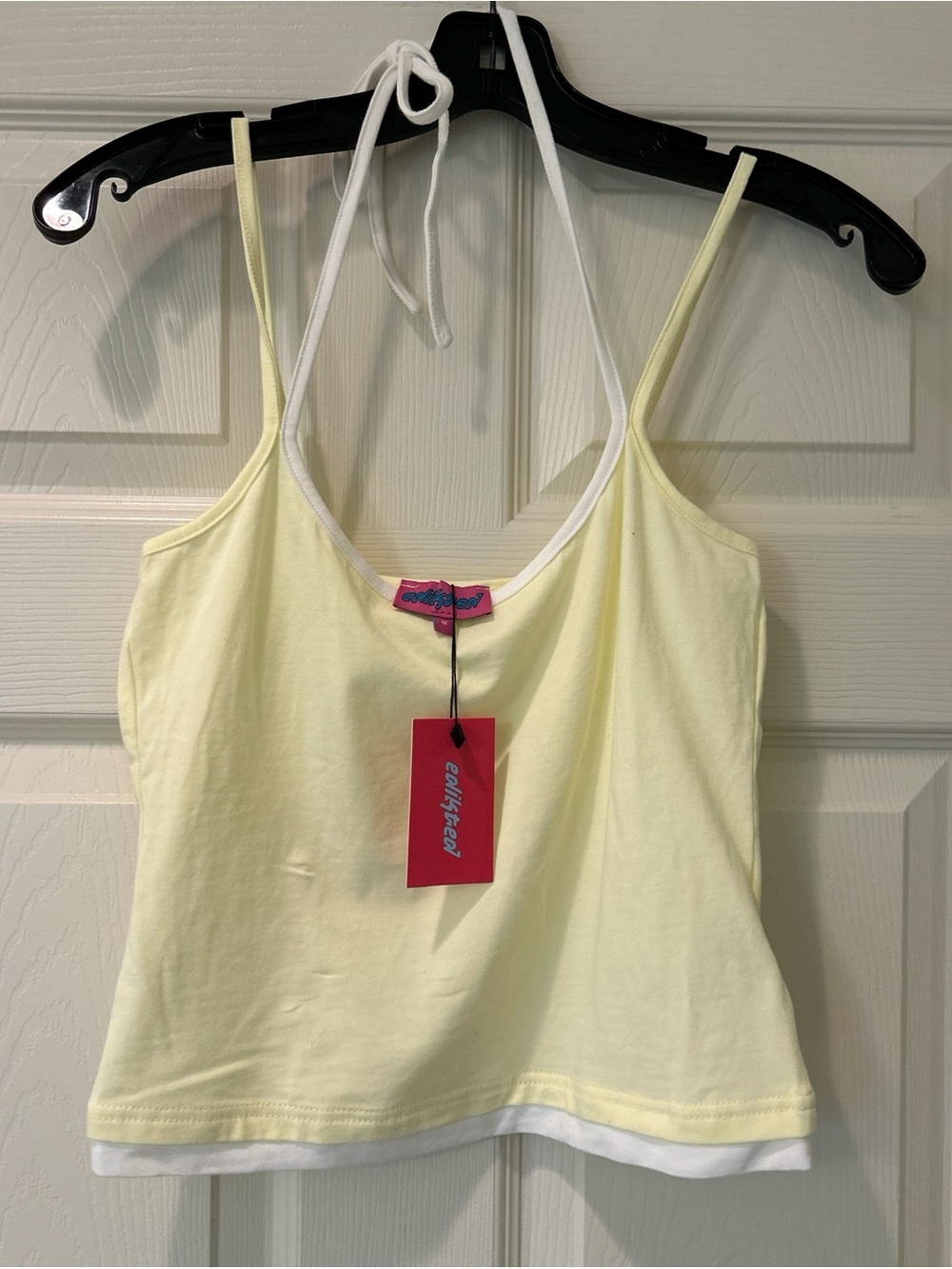 Edikted Pale Yellow Halter Crop Tank with White Trim